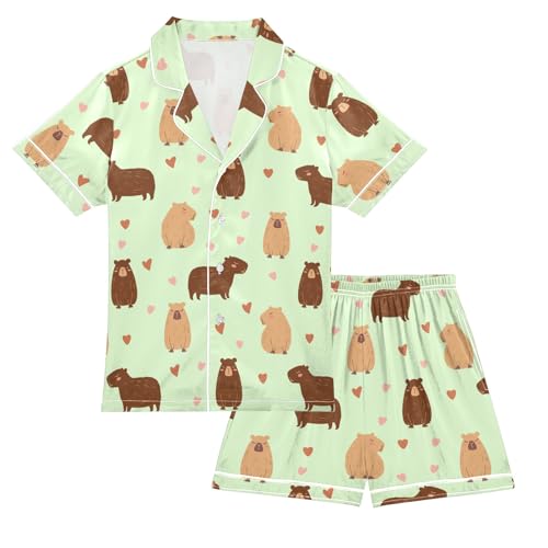 Cute Capybara Drawing Green Summer Satin Pajama Set, Cute Button-Down Sleepwear Pj Set for Sleep Wears