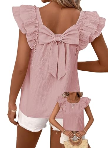 Image of Falechay Womens Bow Tie Back Tops Round Neck Ruffle Short Sleeve Shirts Cute Babydoll Chiffon Tee Women Summer Trendy Tunic