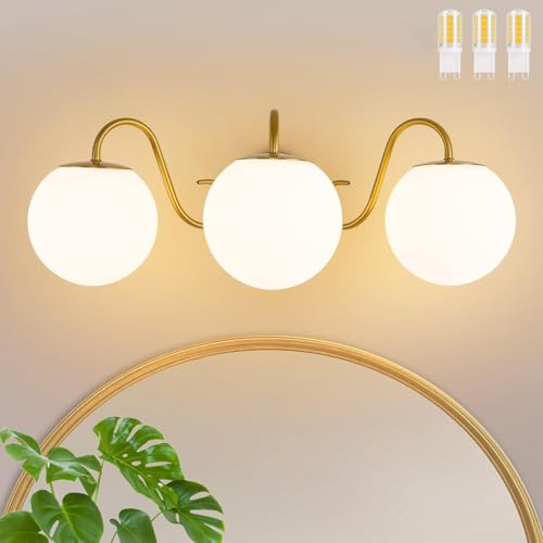 Image of Vintage Brushed Gold Bathroom Vanity Light Fixtures Over Mirror 3 Lights