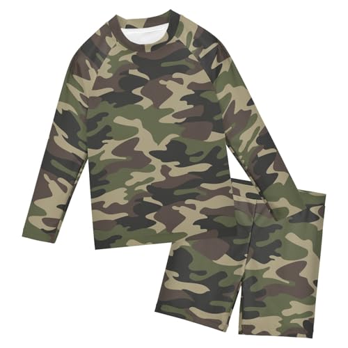Aflyko Kids' Bathing Suit Set Khaki Camo Green Long Sleeve Swim Tops with Shorts Summer Vacation Pool Party Rashguard Fun Cute Infant Beachwear, 4T