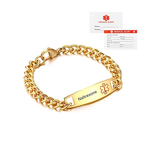 ZKXXJ Personalized Medical Bracelet for Men Women,Stainless Steel Link Chain ID Identification Cuff Bracelets Health Alert Allergy Awareness Jewelry for Adults Teens,with Medic Card,Gold/Silver