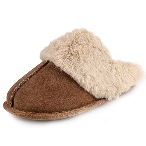 Isotoner Ladies Real Suede Mule with Fur Cuff Tan