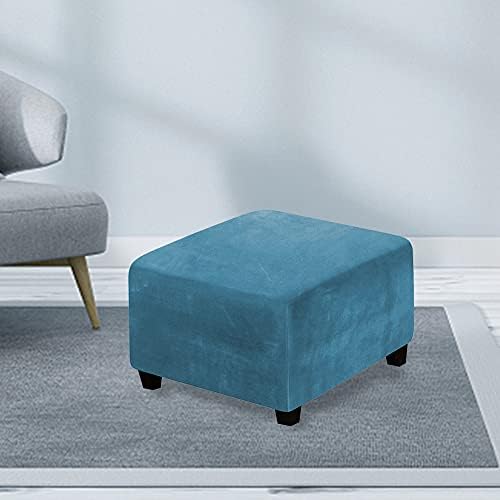 Amusingtao Square Ottoman Slipcover Covers,Velvet Stretch Footstool Protector Covers Washable Dirt Resistant(peacock blue)