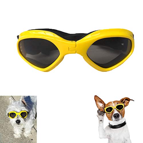 Gafas de Sol para Perros, Perro Gafas para Perros pequeños y medianos Impermeable Plegable Protector Ocular Protección UV Antivaho (Amarillo)