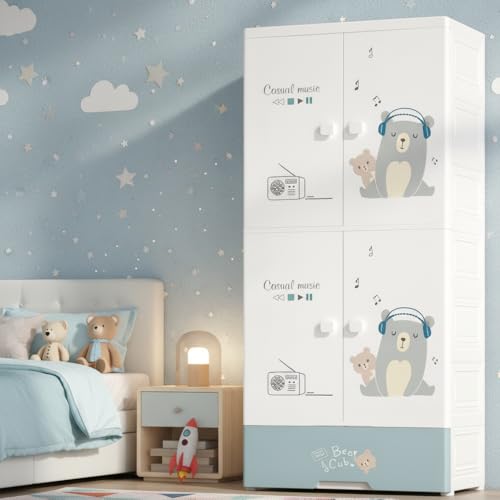 Image of EXVITO Plastic Wardrobe for Cloth with Drawers & Hanging Rod | Baby Cupboard for Clothes Storage | Foldable Collapsible Plastic Almirah for Kids | Cartoon Design Cabinet for Bedroom (Bear, 5 Door)