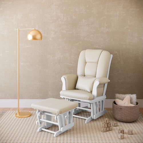 Image of Storkcraft Tuscany Glider and Ottoman with Lumbar Pillow, White /Beige