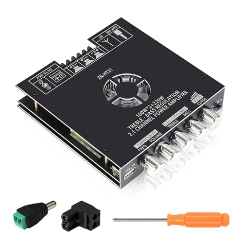 ZK-HT21 2.1 Channel Mini Bluetooth Amplifier Board,160W×2+220W High Power Stereo Subwoofer Amp with TDA7498E Hi-Fi Chip and Dual Expansion Ports, BT USB AUX Input DC 15-36V for DIY Home Speakers
