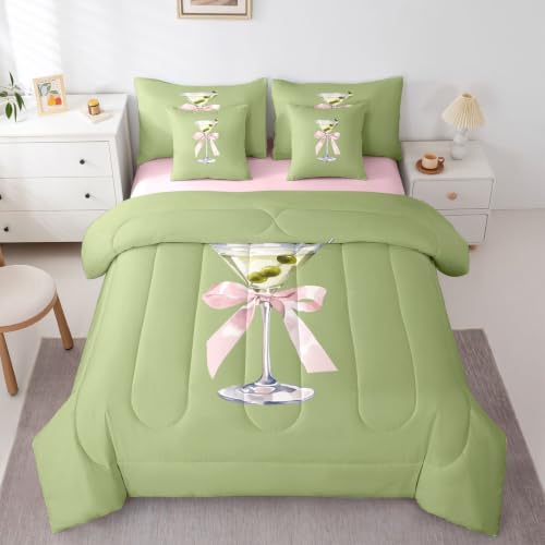 Erosebridal Preppy Bow Bedding Set 7 Pieces,Coquette Cocktail Glass Queen Comforter Set with Sheets Fashion Preppy Bows Bed in a Bag for Kids Boys Girls Green and Pink Wine Drinks Bed Sets