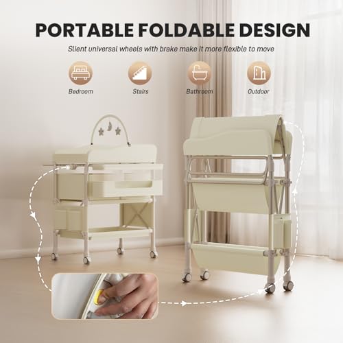 Image of Jaylene Portable Baby Changing Table with Storage - Adjustable Height Diaper Station, Waterproof Pad, Large Capacity Organizer, Foldable Newborn Changing Table for Nursery & Bedroom (Beige)