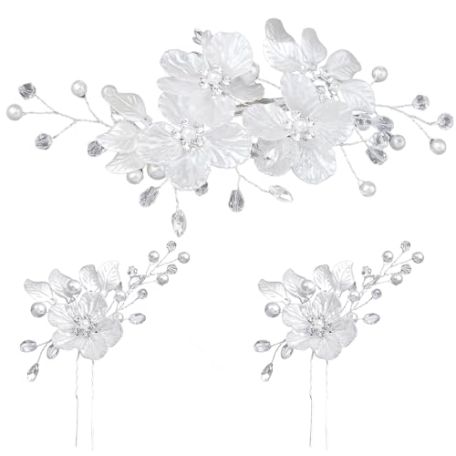 Wedding Hair Accessories Silver 3-Piece Bridal Hair Accessories Set Elegant Comb & Pins with Flowers Pearls and Crystals Handmade Bridal Jewelry for Women and Girls