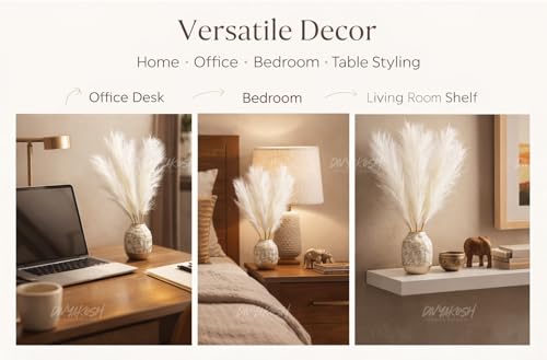 Image of Divyakosh Artificial Pampas Grass 3 Pcs (White) Faux Dried Flowers Small Flower Stems for Home Decor, Living Room, Bedroom, Table Vase Decoration Office Boho Decor (41 cm, No Vase)