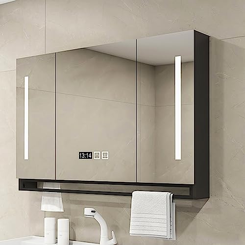 Armario de pared con espejo de baño con iluminación LED, armario de almacenamiento de 3 puertas con interruptor de atenuación y antivaho negro, 90 x 12 x 75 cm, elegante y funcional