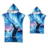 Meeres Tier Strandtuch Mikrofaser Neoprenanzug Wickelrobe Poncho Kapuze Eltern-Kind Bademode Frau Mann Kind Tragbarer Bademantel,3D Delphin Korallen Regenbogen Muster (Farbe 3,Kid 65x75cm)