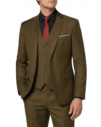 MY'S Men's 3 Piece Slim Fit Suit Set with Tie, 2 Button Blazer Jacket Vest & Pants, Business Wedding Party Prom Suit for Men, Khaki Small
