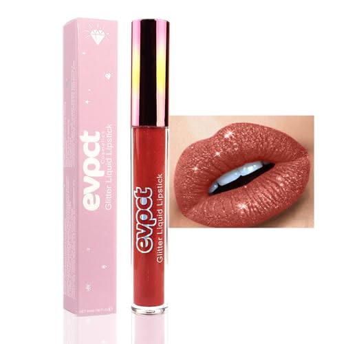 Image of evpct 1Pcs Mauve Red Matte to Glitter Liquid Lipstick Lip Set Kit, Long Lasting Matte Diamond Glitter Lip Gloss Waterproof, Colorful Sparkly Glossy Metallic Shimmer Sparkle Lipstick for Women 02#