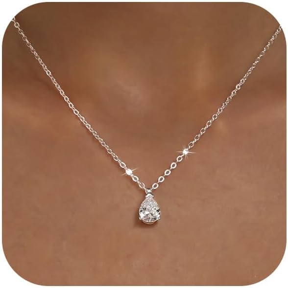 14K Gold Plated Teardrop Chain Women’s with Pendant, Fine Silver Chain with Sparkling Cubic Zirconia Crystal, Minimalist Design, Necklace for Everyday Wear and Special Occasions