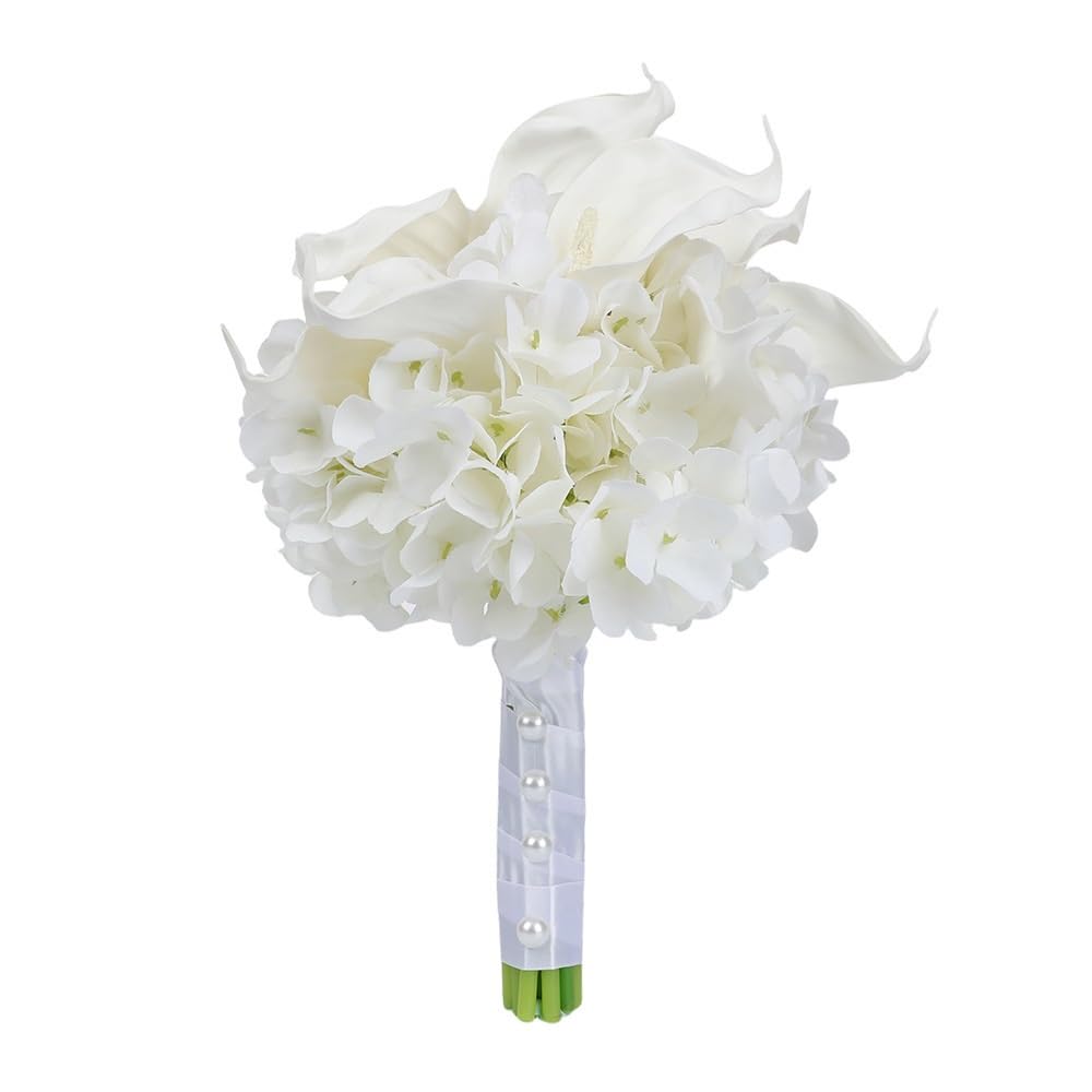 Huffa White Artificial Wedding Bouquet - Hydrangea & Calla Lily Floral Arrangement For Bridal Use
