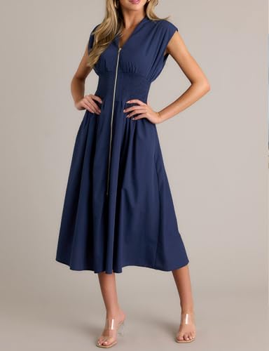 Image of FANCYINN Summer Casual Womens Maxi Dress Sleeveless V Neck Waist Aline Front Zipper High Slit Flowy Long Dress Pockets