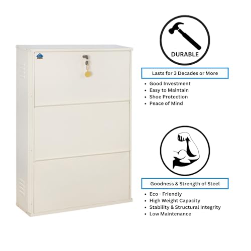 Image of DELITE KOM 29 inch Wide, 6 Shelf Metal Shoe Rack Wall Mounted for Home with Central Lock | Holds Upto 24 Shoes or 36 Slippers Pair | Double Decker, 1Yr Warranty, (41x29x8, Ivory), DIY, Space Saver
