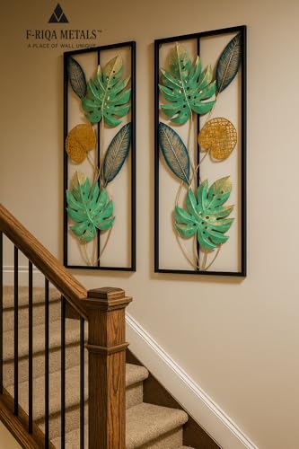 Image of F-RIQA METAL Set of 2 Leaf Design Metal Wall Art | Modern Green & Gold Iron Wall Hanging Frames for Living Room & Bedroom Decor | 36x13 Inch EACH (Handcrafted Metal Wall Decor) (DRAGON-LEAF-SET 2P)