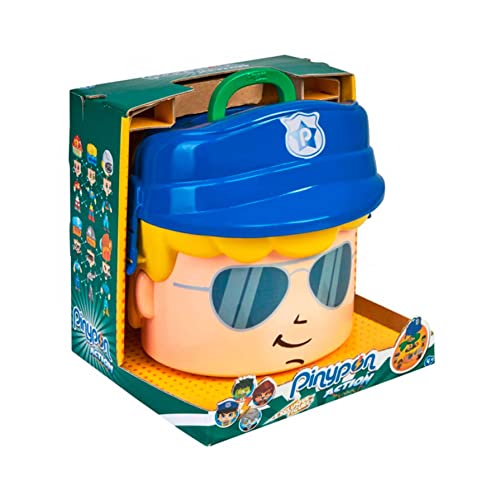 Pinypon Action - Contenedor de Policía y Monstruos, Cabeza de Pinypon Grande, Caja contenedor con Compartimentos para Accesorios y Figuras, Incluye 4 muñecos Mix & Match, 4 años, Famosa (700016645)