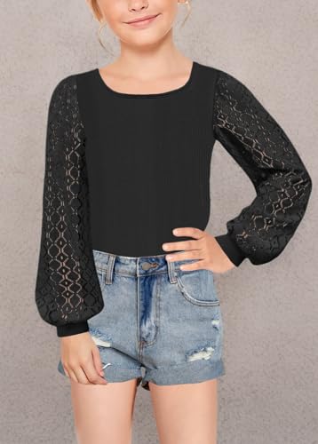Image of Geckatte Girls Long Sleeve Shirts Square Neck Ribbed Blouse Lace Tops | Casual, Solid, Kids Cute Lace Puff Sleeve Tees, Lantern Long Sleeve, Ribbed Knit T Shirts, 5-14 Years