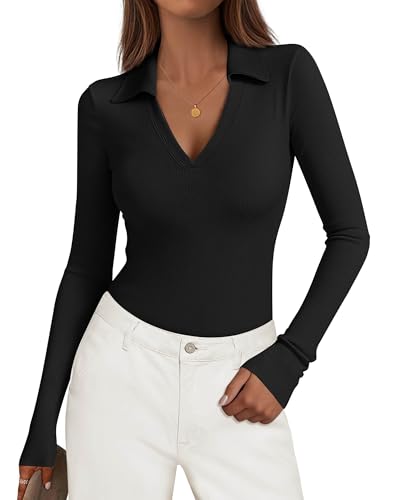 KIRUNDO Polo Shirts for Women Long Sleeve Business Casual Tops 2025 Fall Ribbed Knit Collared V Neck Slim Fit Work Blouses