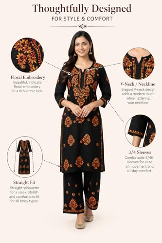 Image of Floral Embroidered Women Kurta Pant Set Straight Fit Cotton Blend Kurti with Palazzo Bottom Ethnic Wear for Office, Festive, Casual and Everyday Comfort