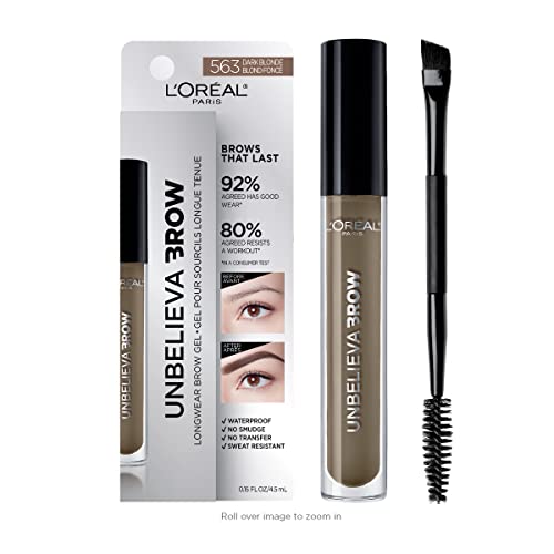 L'Oreal Paris Unbelieva-Brow Longwear Waterproof Tinted Brow Gel, Smudge-resistant, Transfer- Proof, Quick Drying, Easy and quick application with precise brush, Dark Blonde, 0.15 fl. oz.
