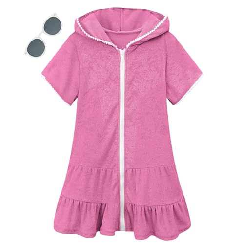Traje de baño con capucha para niños, con lentes de sol, teñido anudado, para verano, con cremallera, manga corta, toalla de baño, bata de baño, piscina, playa, vestido para bebés y niñas, hot pink, 9
