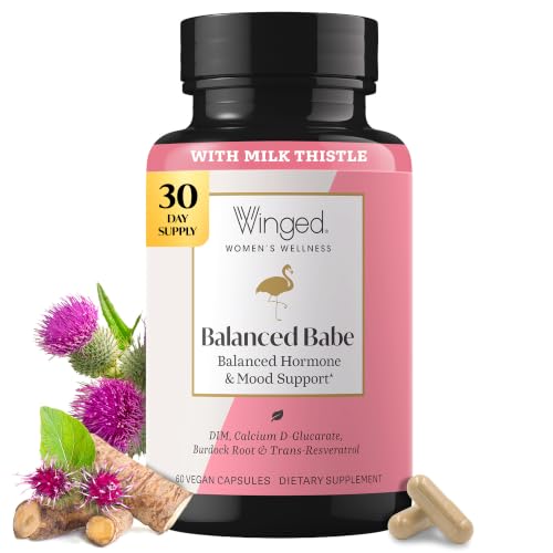 Winged Wellness Balanced Babe Hormone Balance & Estrogen Detox Supplement for Women - 100mg DIM & Milk Thistle for PMS Bloating Cramps Mood Hormonal Acne & PCOS Support 60 Capsules