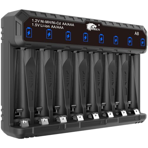 IMREN Cargador de Pilas de Litio AA y AAA, Cargador de Pilas Recargables de Litio de 1,5 V y NiMH/NiCD de 1,2 V AA y AAA, 5 V y 2 A USB Función de Carga Rápida(8 Slots)