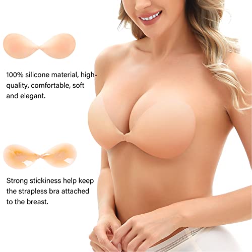 Brabic Adhesive Bra Strapless Invisible Silicone Push Up Sticky Bra For Backless Dress 2 Pack (Medium, Beige) #TOP1
