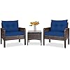 Tangkula 3 piece outdoor patio furniture set wicker chairs set with glass top coffee table thick cushions all weather garden lawn poolside backyard porch furniture set for 2 blue  urban country home decor