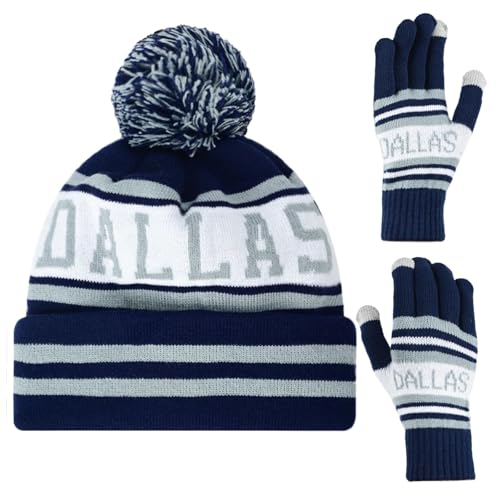 Classic Skull Cap Dallas Cow Beanie Hat With Faux Fur Pom Cuffed Winter Hat Knit Comes With Warm Touch Screen Gloves Gifts For Men Women Fans