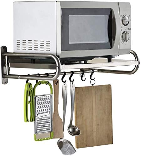TTXP Microwave Wall Brackets Steel Kitchen Shelves Wall Mounted Shelf Stand with 6 Hooks 1 Layers Hanging Oven Rack Stand,Silver-L53cm