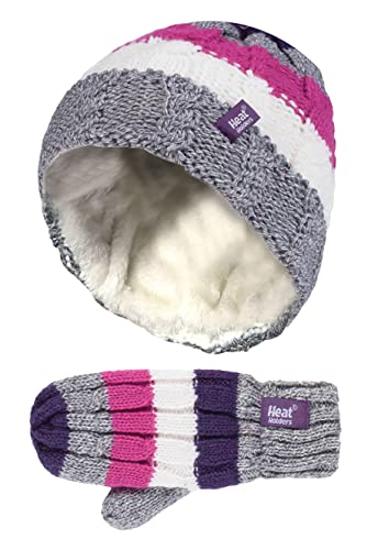 Heat Holders - Girls Winter Insulated Warm Ski Beanie Pompom Hat and Mittens Set (3-6 Years, PP1P12)