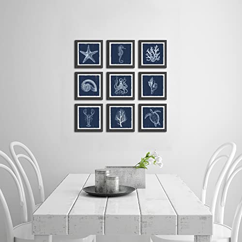 Bathroom Ocean Framed Wall Art: Beach Sea Creature Octopus Artwork Bedroom Navy Bluecoastal Picture Vintageturtle Print Coral Teal Nautical Starfish Snails Painting Photo Seahorse For Home Living Room（9''X9''X9） #TOP4