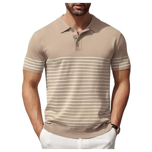 COOFANDY Men's Short Sleeve Polo Shirts Vintage Knitted Shirt Casual Button Down Golf Shirts, Khaki, X-Large