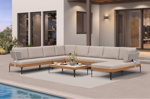 Image of PURPLE LEAF Patio Furniture Set Outdoor Sectional Sofa with Coffee Table Cushions and Pillows Wicker U-Shaped 9 Pieces Aluminum Conversation Sets for Balcony Yard Poolside Garden, Oatmeal Greige