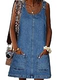 MINTLIMIT Women's Sleeveless Overall Denim Dress Crewneck 2025 Vintage Loose Casual Jean Dress with Pockets Dark Blue