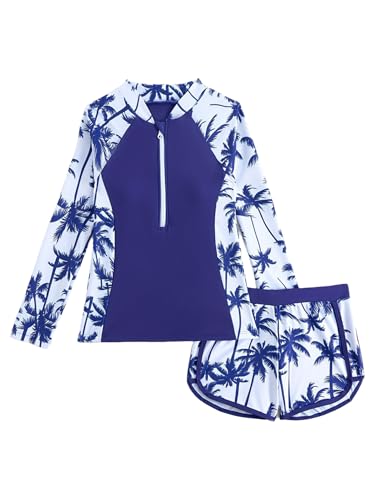 Big Girls UPF 50+ 2 Pieces Rash Guard Sets Floral Swim Shirts with Shorts Sporty Swimwear