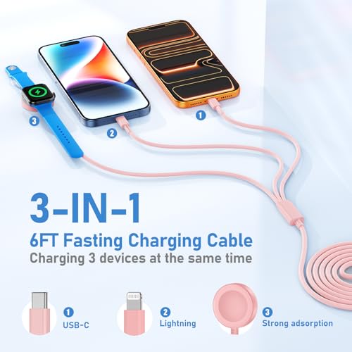 Image of for Apple Watch Charger Fast Charging,3 in 1 Multi Charger USB C Cable,iWatch Charger Cord 6FT for iWatch Ultra3 /2 /1 /SE 3 /2 Series 11 /10 /9 /8 /7 /6 /5 /4,for iPhone17 15 16 Pro Max /14 /13 /12 /11-Pink