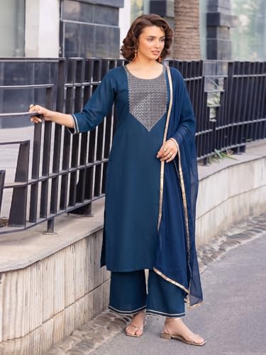 Image of ANNI Designer Women's Ruby Cotton Embroidered Straight Solid Kurta with Palazzo and Dupatta Set | Elegant Ethnic Kurta Set for Women | Comfortable Traditional for Office, Daily and Festive Use