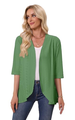 Askyes Women Cardigan 3/4 Sleeves Open Front Lightweight Soft Netted Knit Draped Ruffles Cardigan Kimono Cover Ups3