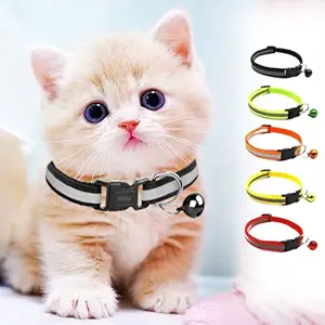 Buraq 2 Pcs Reflective Cat Collar , Solid & Safe Collars for Cats , Adjustable Collar with Bell , Soft Neck Belt for Kitten & Adult Cat , Colour May Vary