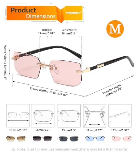 Image of FEISEDY Rimless Sunglasses Y2K Retro Small Narrow Clear Eyewear Vintage Rectangle Sunglasses for Women Men B2643