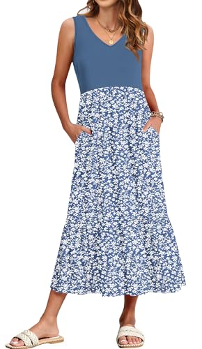 WNEEDU Damen Sommerkleider Lang Strandkleider V-Ausschnitt Maxikleider Ärmellos Empire Kleider mit Taschen Blume Graublau M