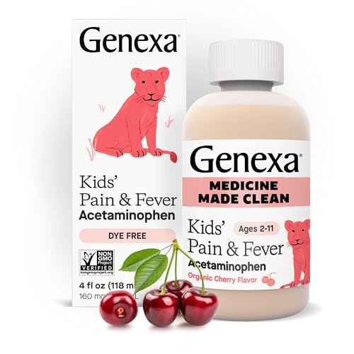 Image of Genexa Children's Clean Acetaminophen | Pediatrician Preferred Ingredients | Pain & Fever Reducer for Kids | Dye Free, 0% Artificial Additives | Ages 2-11, Delicious Organic Cherry Liquid, 4 fl oz