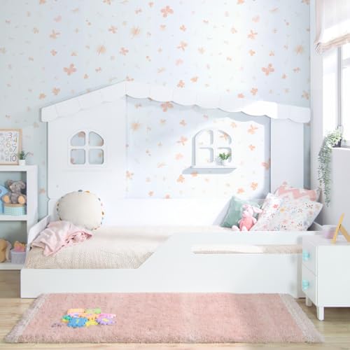 Bainba Cama casita Montessori Ventanas 90x190 cm con luz (Entrada Izquierda)